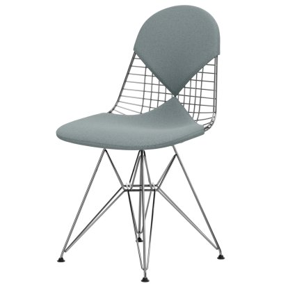 Chaise Wire Chair DKR, Poli chromé, Coussin pour assise et dossier (Bikini), Hopsak bleu glacier / ivoire