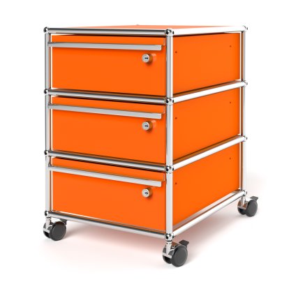 Caisson à roulettes USM Haller avec 3 tiroirs Type 1 , Tous les compartiments avec serrures, Orange pur RAL 2004
