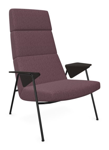 Fauteuil Votteler, Dossier haut, Tissu Gaia améthyste, Peint par poudrage noir mat, Chêne fumé