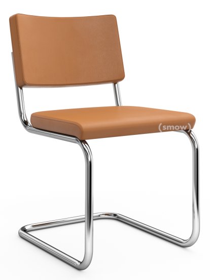 Chaise cantilever S 32 PV Pure Materials, Cuir Nappa cognac, Chromé, Patins en plastique noir avec feutre
