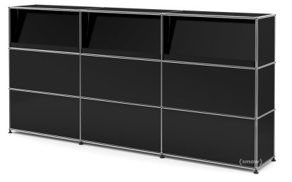 Comptoir d’accueil USM Haller version 2 (avec tablettes inclinées), Noir graphite RAL 9011, 225 cm (3 éléments), 35 cm