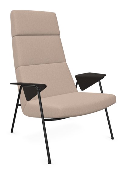 Fauteuil Votteler, Dossier haut, Tissu Gaia champagne, Peint par poudrage noir mat, Chêne fumé
