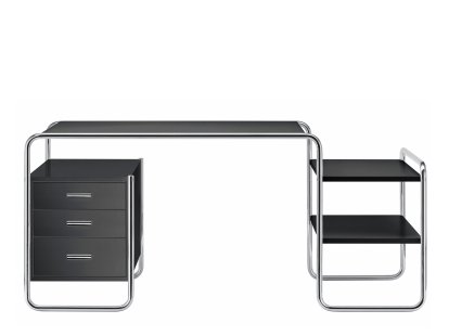 Bureau S 285  Bauhaus, Hêtre laqué à pores ouverts noir intense, 1 grand bloc de tiroirs / 2 étagères