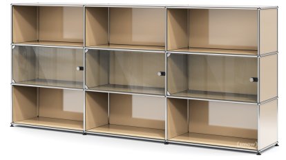 Meuble haut XL avec 3 portes vitrées USM Haller, Avec poignée sans serrure, Beige USM