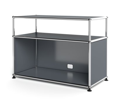 Meuble bas Lowboard M USM Haller avec rehausse, personnalisable, Gris moyen RAL 7005, Avec  porte abattante, Avec passe-câbles au centre bas