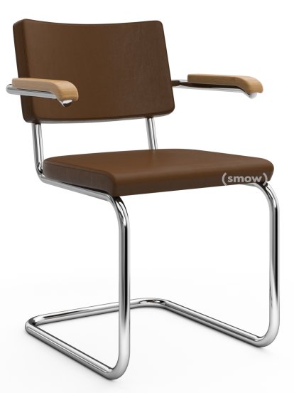 Chaise cantilever S 64 PV Pure Materials, Cuir Nappa marron moyen, Chêne, Chromé, Sans patins