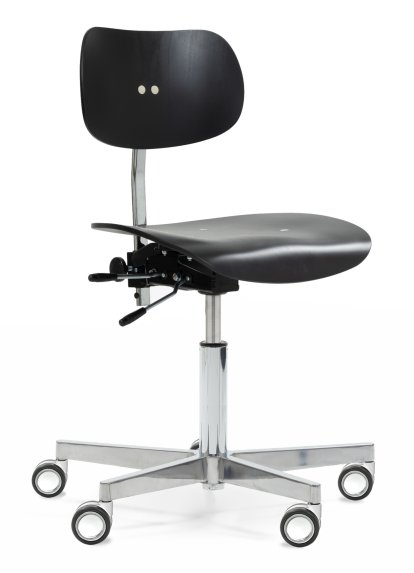 Chaise pivotante S 197 R20, Sans accoudoirs, Hêtre teinté noir, Chromé/aluminium poli, Roulettes doubles chromée pour tapis