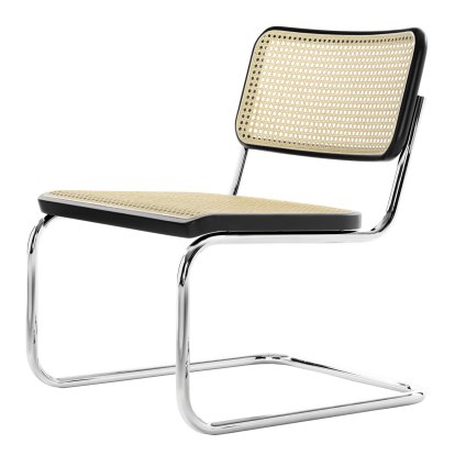 Chaise cantilever S 32 L, Cannage (avec tissu de soutien sous l'assise), Hêtre teinté noir, Chromé, Patins en plastique noir avec feutre