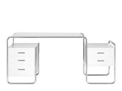 Bureau S 285  Bauhaus, Hêtre laqué à pores ouverts blanc pur, 1 grand bloc de tiroirs / 1 petit bloc de tiroirs