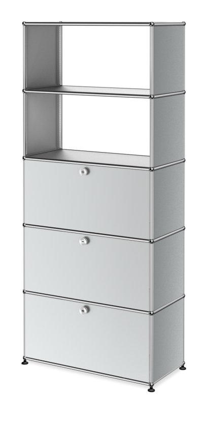 Étagère USM Haller avec portes abattantes et tiroirs, Argent mat USM