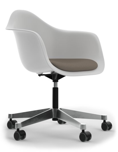 Eames Plastic Armchair PACC, Coton blanc, Avec coussin d'assise, Gris chaud / marron marais