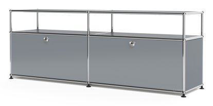 Meuble bas Lowboard L USM Haller avec rehausse, personnalisable, Gris moyen RAL 7005, Avec 2 portes abattantes, Sans passe-câbles