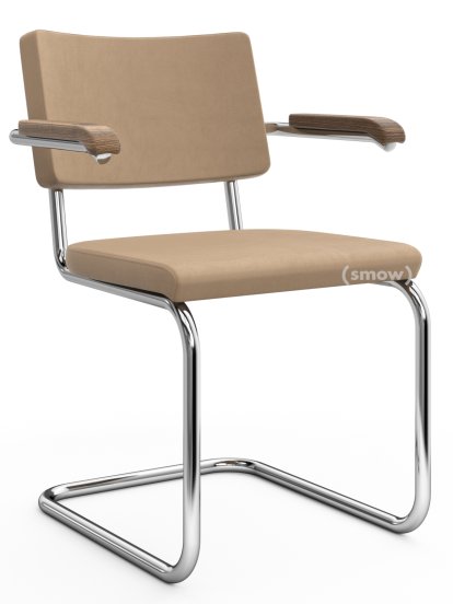 Chaise cantilever S 64 PV Pure Materials, Cuir Nubuk beige sable, Noyer, Chromé, Patins en plastique noir avec feutre