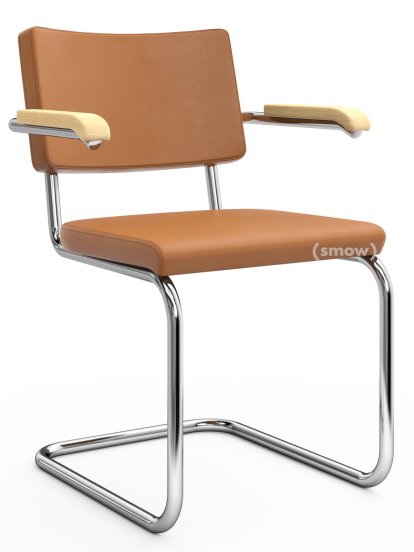Chaise cantilever S 64 PV Pure Materials, Cuir Nappa cognac, Frêne, Chromé, Patins en plastique noir avec feutre