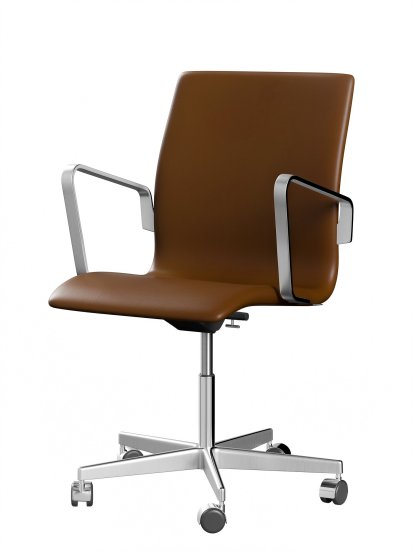 Chaise Oxford, Avec accotoirs, Dossier bas, Piétement à roulettes, Cuir souple, Noyer