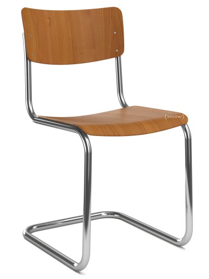 Chaise cantilever S 43 classique, Piétement chromé, Hêtre teinté, Cerisier, Sans coussin d'assise, Patins en plastique noir avec feutre