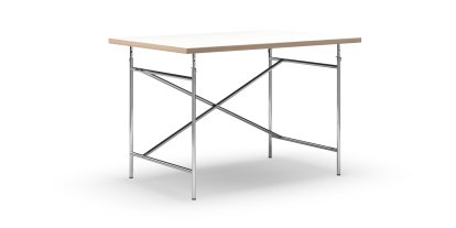Table Eiermann, Mélaminé blanc avec bords chêne, 120 x 80 cm, Chromé, Vertical, décalé (Eiermann 2), 100 x 66 cm
