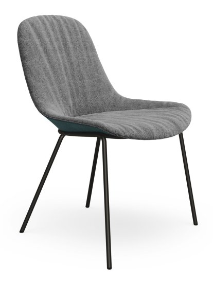 Chaise Sheru, Tissu Gaia platine, Cuir vintage blue tormaline, Peint par poudrage noir mat