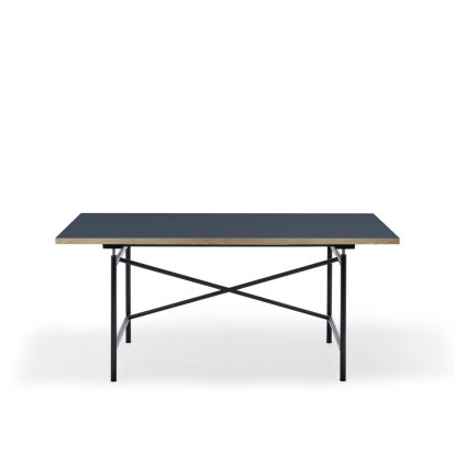 Table Eiermann 1 M (réglage mécanique de la hauteur), Linoleum blue fumé (Forbo 4179) avec bords en chêne, 160 x 80 cm, Noir