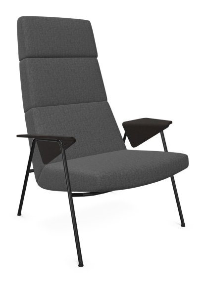 Fauteuil Votteler, Dossier haut, Tissu Gaia tourmaline, Peint par poudrage noir mat, Chêne fumé