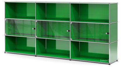 Meuble haut XL avec 3 portes vitrées USM Haller, Avec poignée avec serrure, Vert USM