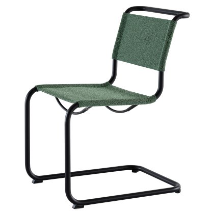 Chaise Cantilever S 33 / S 34 V Soft, Sans accotoirs, Noir mat revêtu par poudre, Tissu cento malachit - vert foncé, Patins en plastique noir avec feutre