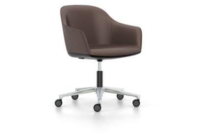 Softshell Armchair avec piètement à 5 branches, Aluminium poli, Cuir (Standard), Marron, Souples pour sols durs