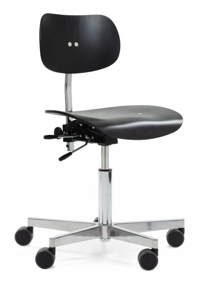 Chaise pivotante S 197 R20, Sans accoudoirs, Hêtre teinté noir, Chromé/aluminium poli, Roulettes doubles noir pour tapis