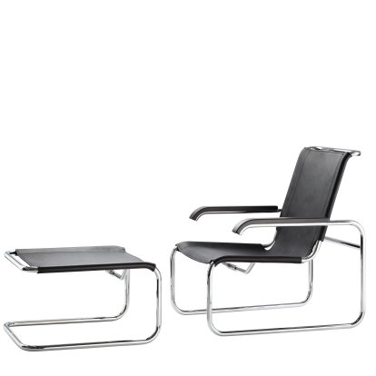 Chaise lounge cantilever S 35 L Bauhaus, Cuir véritable noir, Avec ottoman