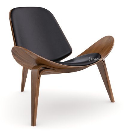 Chaise CH07 Shell, Noyer laqué naturel, Cuir noir