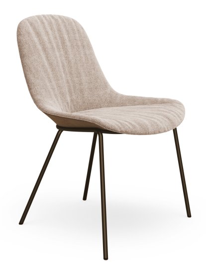 Chaise Sheru, Tissu Gaia champagne, Cuir vintage bourbon, Peint par poudrage bronze mat