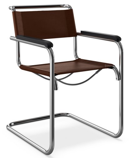 Chaise cantilever S 33 / S 34 originale, Accotoirs hêtre teinté noir, Cuir véritable, Chocolat, Patins en plastique noir avec feutre