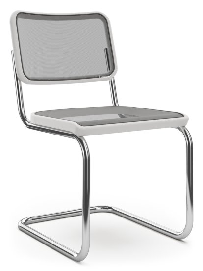 Chaise cantilever S 32 / S 32 N Bauhaus, Filet synthétique, Hêtre lasuré blanc, Patins en plastique noir avec feutre