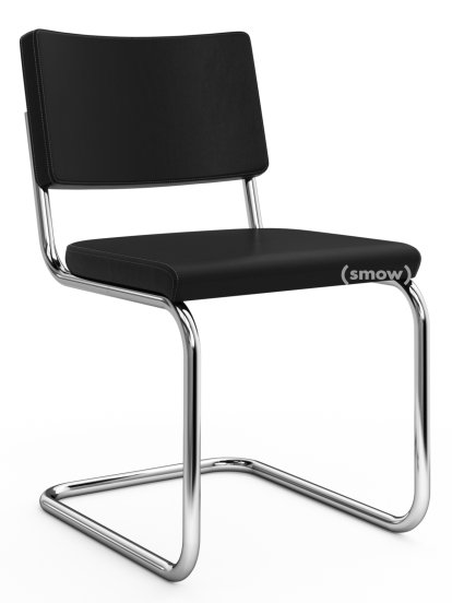 Chaise cantilever S 32 PV Pure Materials, Cuir Nappa noir, Chromé, Patins en plastique noir avec feutre