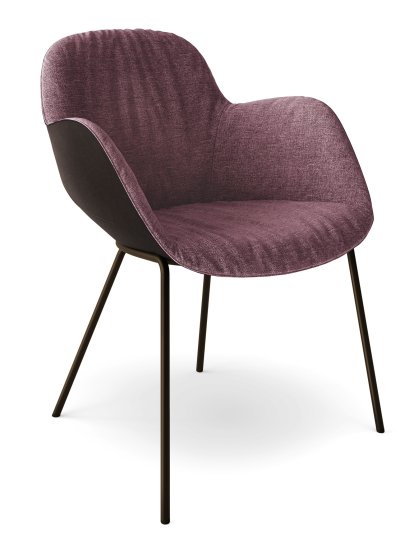 Fauteuil Sheru, Tissu Gaia améthyste, Cuir vintage cigare, Peint par poudrage bronze mat
