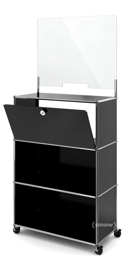 Comptoir USM Haller M avec écran de sécurité et passe-documents, Noir graphite RAL 9011, Avec roulettes