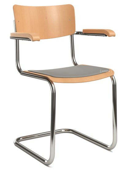 Chaise cantilever S 43 F classique avec accotoirs, Piétement chromé, Hêtre teinté, Hêtre, vernis transparent, Coussin d'assise avec rembourrage mélange gris clair, Patins en plastique noir avec feutre