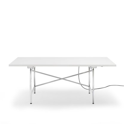 Table Eiermann 1 E (réglage électrique de la hauteur), Mélaminé blanc avec bords blancs, 180 x 90 cm, Chromé, Sans passage-de-câbles