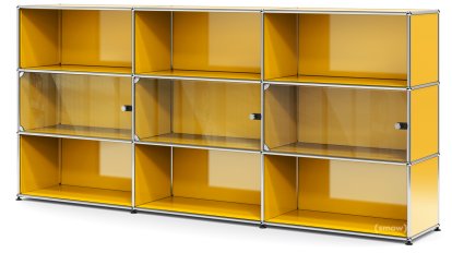 Meuble haut XL avec 3 portes vitrées USM Haller, Avec poignée sans serrure, Jaune or RAL 1004