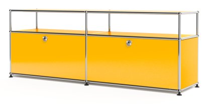 Meuble bas Lowboard L USM Haller avec rehausse, personnalisable, Jaune or RAL 1004, Avec 2 portes abattantes, Avec passe-câbles au centre bas