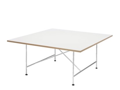 Table de conférence Eiermann 1, Mélaminé blanc avec bords chêne, Chromé, Avec pied réglable en hauteur (H 74-76 cm)
