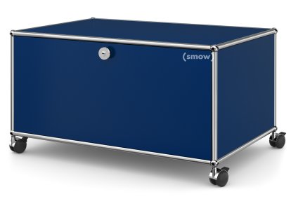 Meuble bas Lowboard TV sur roulettes USM Haller, Avec porte abattante et paroi arrière, Bleu acier RAL 5011