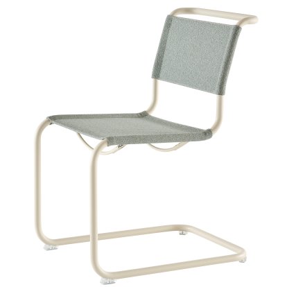 Chaise Cantilever S 33 / S 34 V Soft, Sans accotoirs, Blanc perle mat revêtu par poudre, Tissu cento ray - bleu clair, Patins en plastique transparent avec feutre