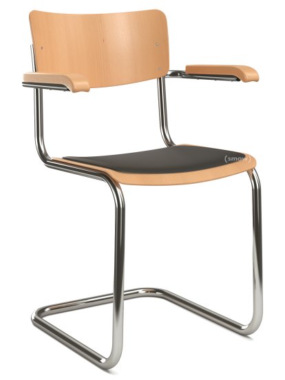 Chaise cantilever S 43 F classique avec accotoirs, Piétement chromé, Hêtre teinté, Hêtre, vernis transparent, Coussin d'assise avec rembourrage noir, Sans patins
