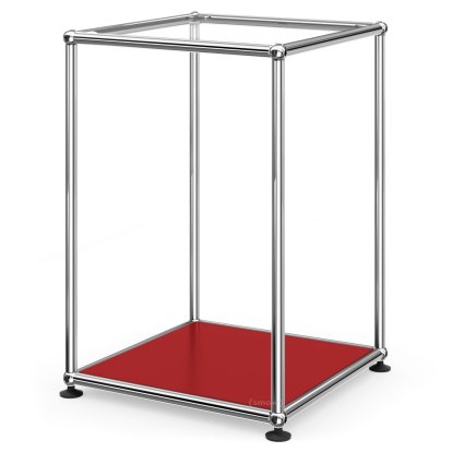 Table d'appoint USM Haller 35 haute, Panneau supérieur en verre, panneau inférieur en métal, Rouge rubis USM