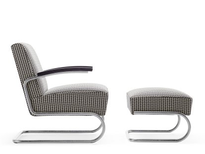 Fauteuil cantilever S 411, Tissu double triangles, Chromé, Avec ottoman, Sans patins