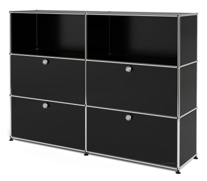 Meuble haut Highboard L USM Haller, personnalisable, Noir graphite RAL 9011, Ouvert, Avec 2 portes abattantes, Avec 2 portes abattantes