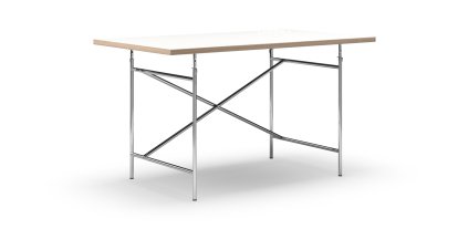 Table Eiermann, Mélaminé blanc avec bords chêne, 140 x 80 cm, Chromé, Vertical, décalé (Eiermann 2), 100 x 66 cm