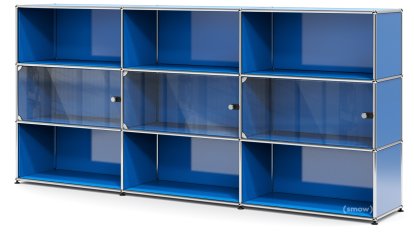 Meuble haut XL avec 3 portes vitrées USM Haller, Avec poignée sans serrure, Bleu gentiane RAL 5010