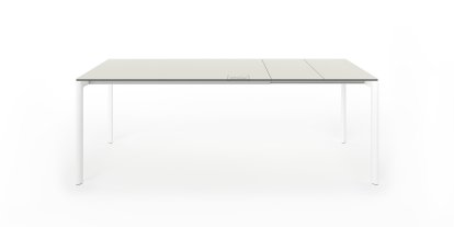 Table extensible Maki, L 139-214 x L 90 cm, Stratifié gris sable, Aluminium laqué blanc